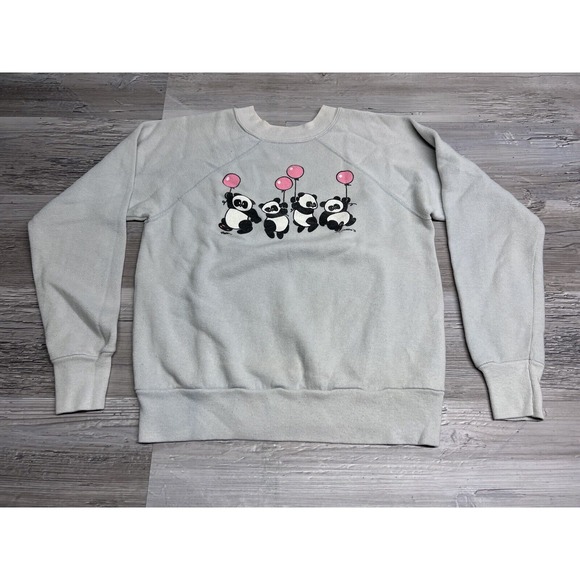 The Unbranded Brand Other - Vintage 80s 90s Cute Animal‎ Sweatshirt Panda Bears Raglan Gray Size S Sun Faded